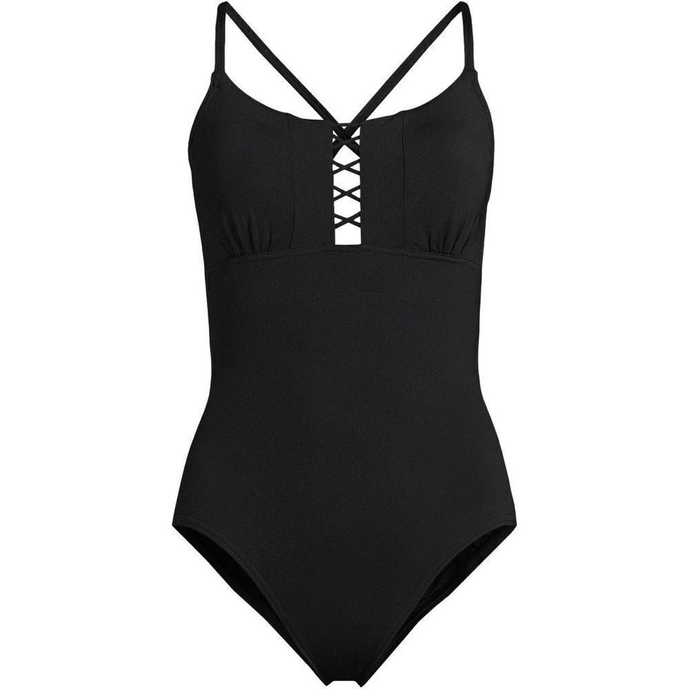 Land's End Plus Size lace up one piece swimsuit bathing suit, tie back black Var